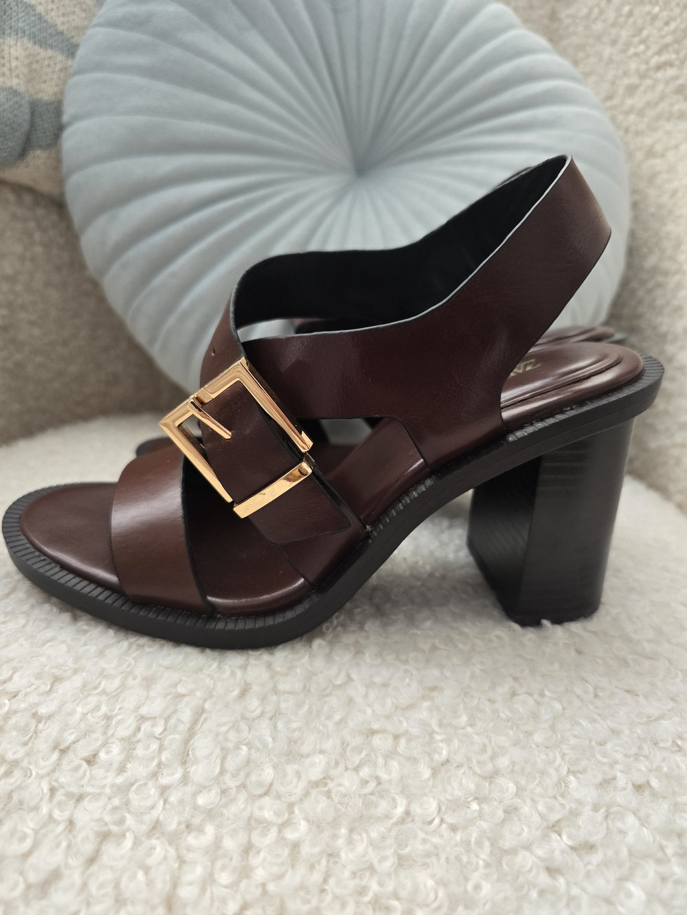 Zara Brown Leather Block Heel Sandals with Gold Buckle